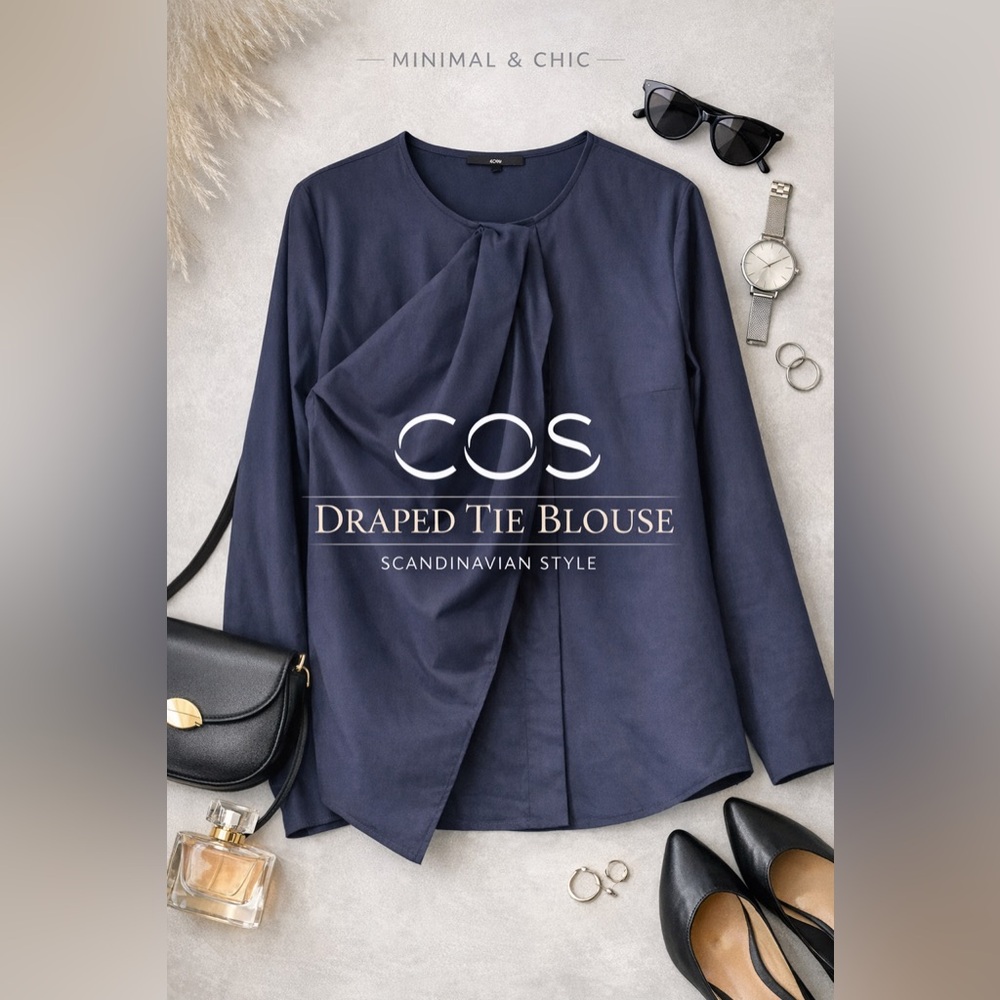 COS Navy Draped Tie Front Blouse Minimalist Long Sleeve Top Size 6